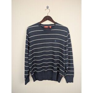 IZOD Mens Navy White Stripes Pullover Crew Sweater Size Large Knit Cotton Preppy